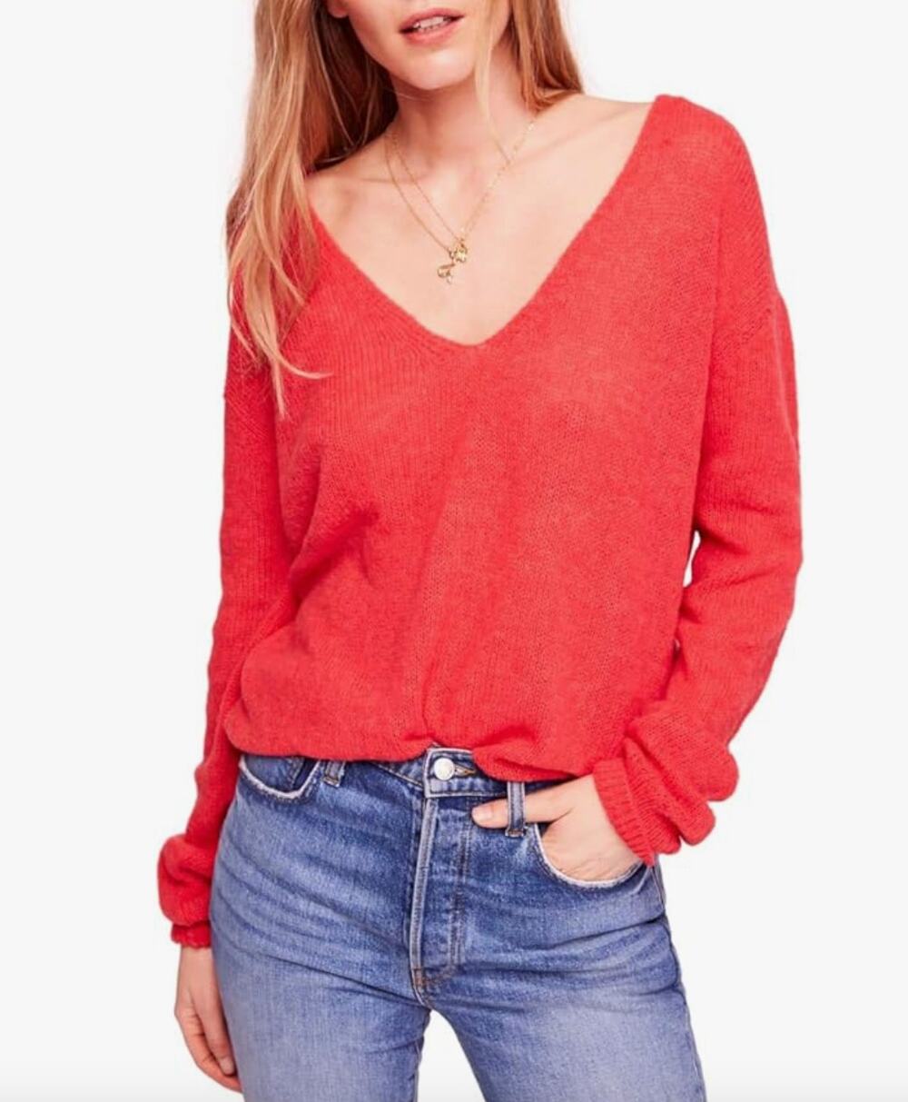 FREE PEOPLE Red Sweater Alpaca Gossamer Pullover V-Neck Size XS X-Small